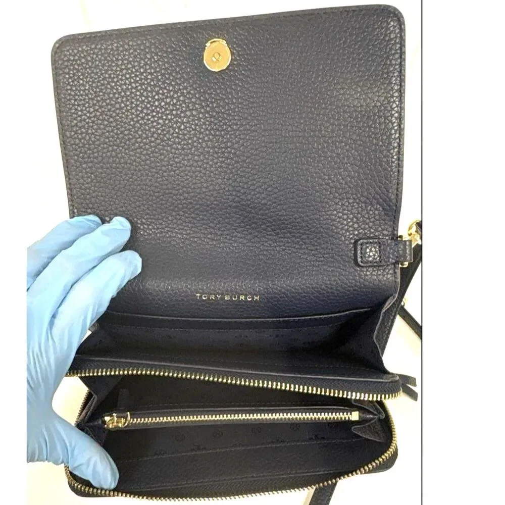 Tory Burch Thea Flat Wallet Crossbody Bag Pebbled Leather Navy Blue